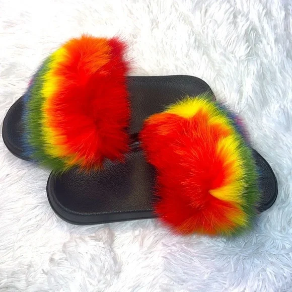 Rainbow faux fur slides size 8 and 8.5  brand new - Picture 4 of 5